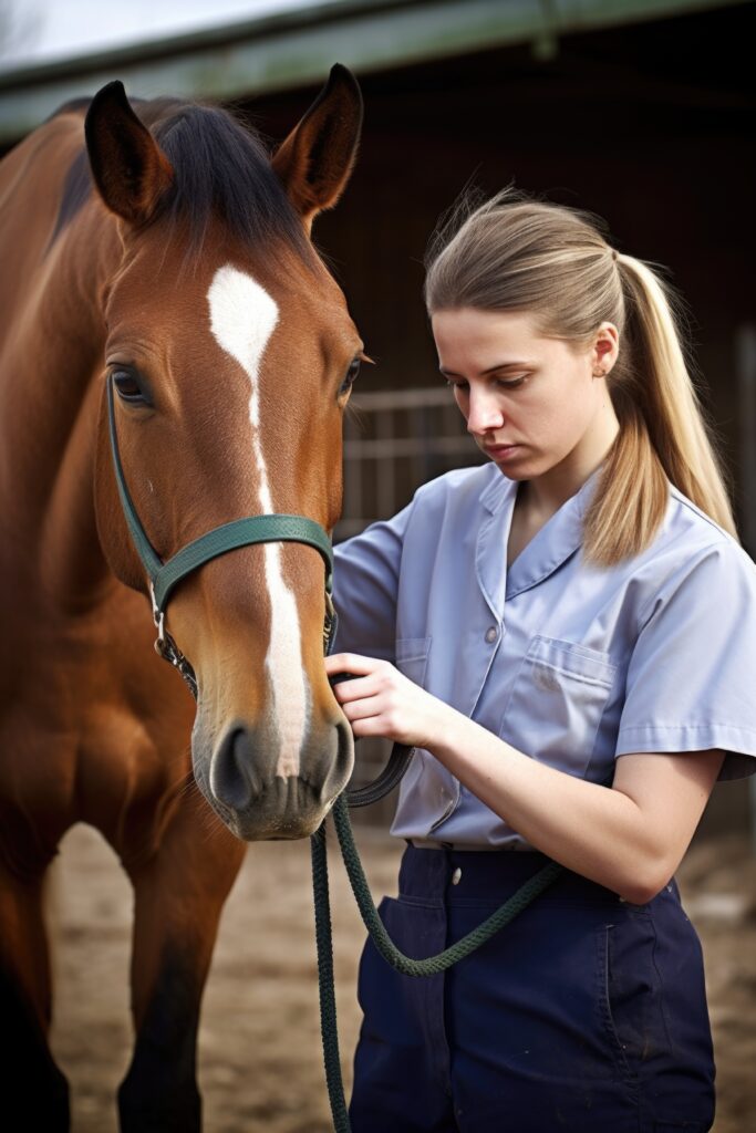 portrait of a young female vet feeding a horse by hand
